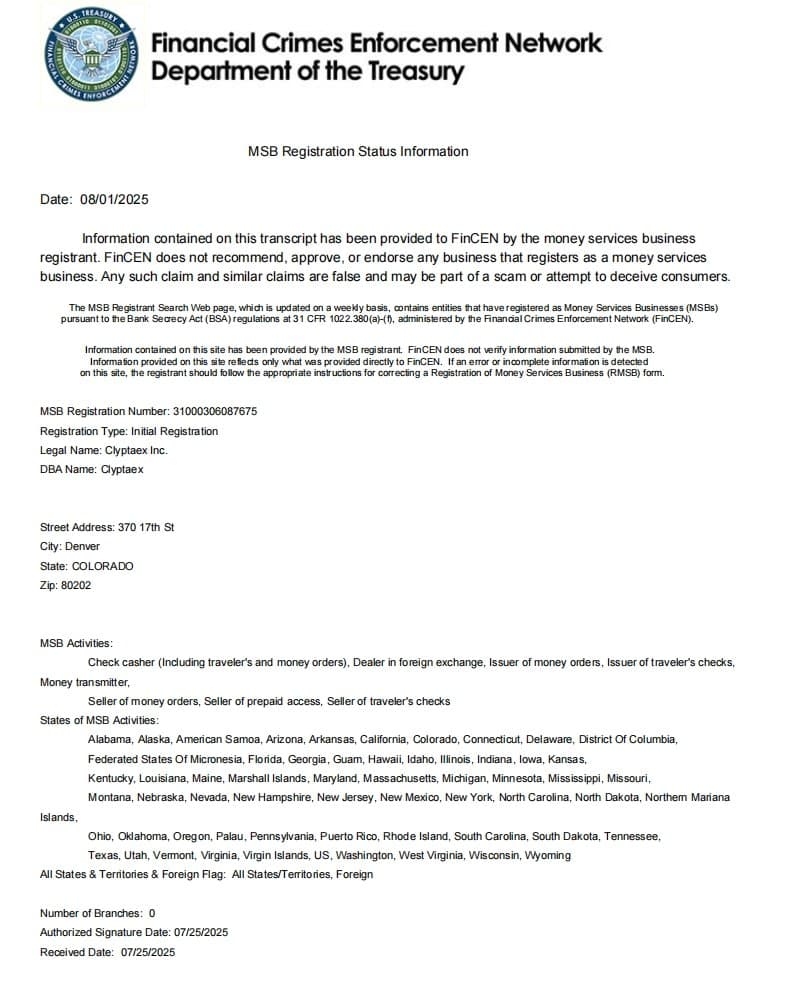 Clyptaex的MSB牌照信息