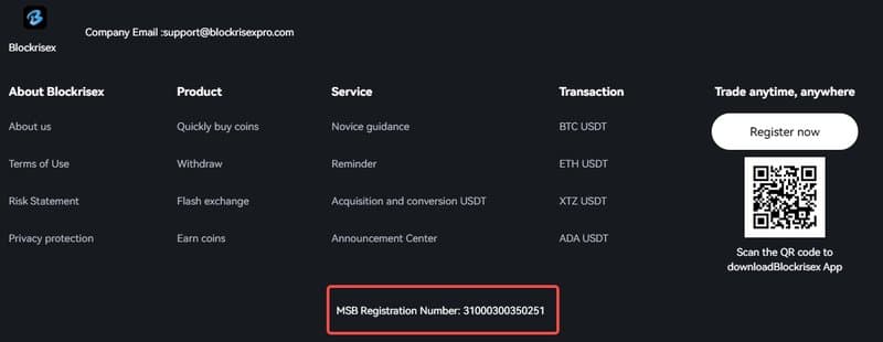 Blockrisex 官网页尾展示的信息