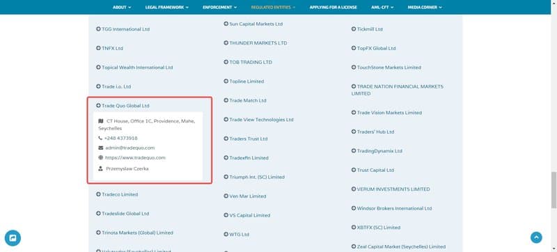 Trade Quo的塞舌尔FSA监管查询