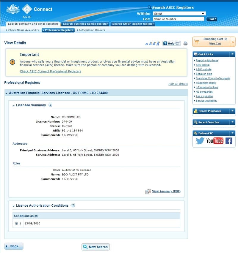 xs.com的澳大利亚ASIC监管查询