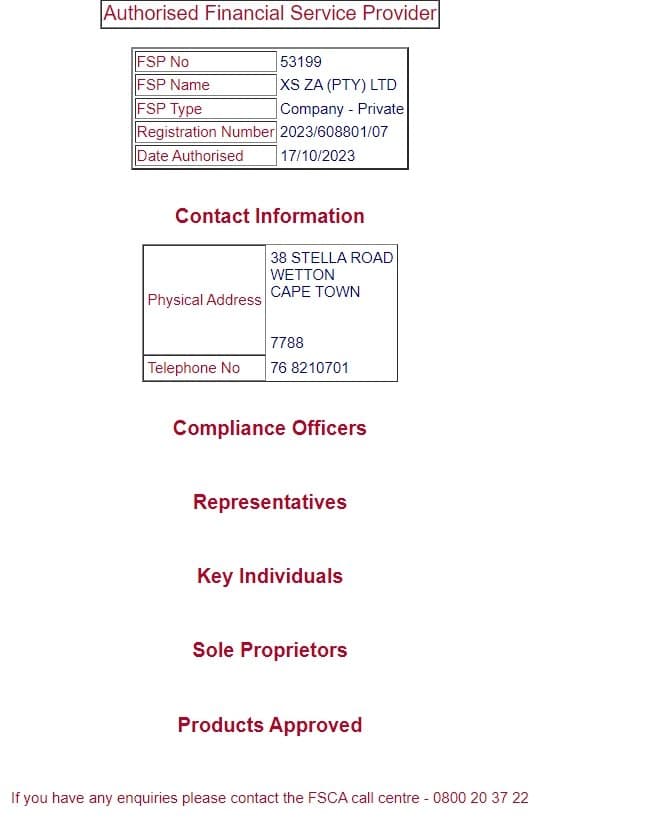 xs.com的南非FSCA监管查询